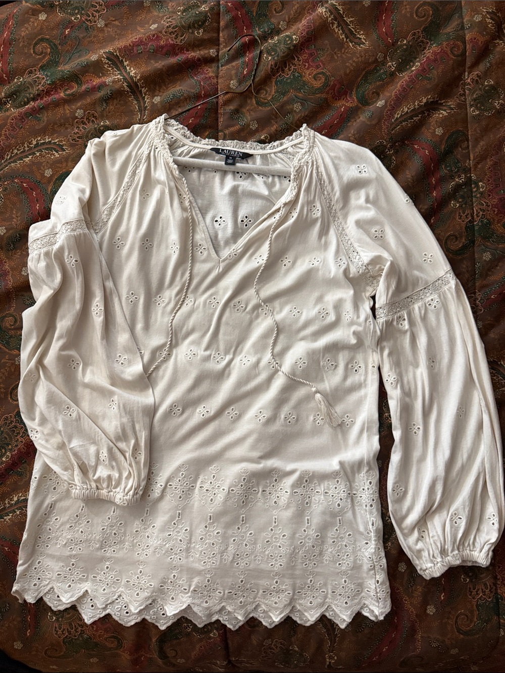 Lauren Ralph Lauren Cream Eyelet Peasant Top with Scalloped Hem